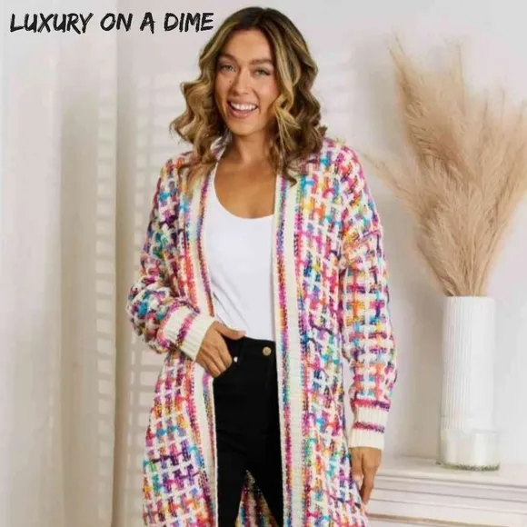 Retro Knit Bright Colorful Fringe Hem Longline Duster Sweater Cardigan Rainbow