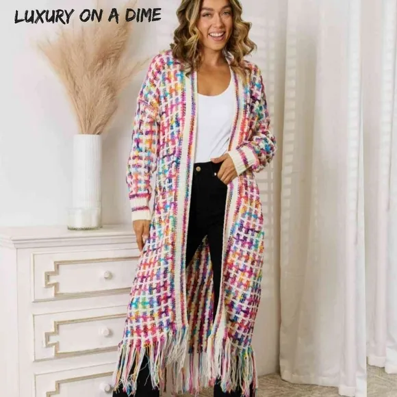 Retro Knit Bright Colorful Fringe Hem Longline Duster Sweater Cardigan Rainbow
