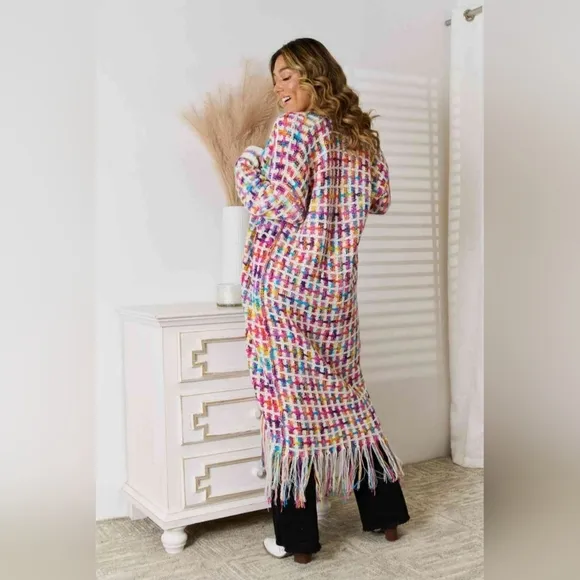 Retro Knit Bright Colorful Fringe Hem Longline Duster Sweater Cardigan Rainbow