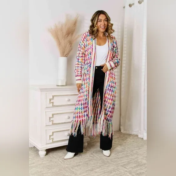 Retro Knit Bright Colorful Fringe Hem Longline Duster Sweater Cardigan Rainbow