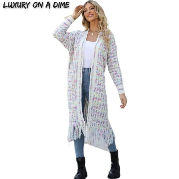 Retro Knit Fringe Hem Longline Duster Sweater Cardigan Minimalist Cream Pink