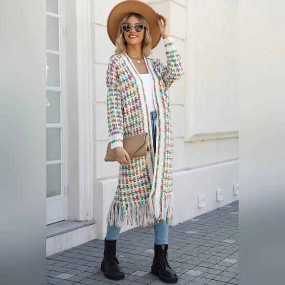 Retro Knit Fringe Hem Longline Duster Sweater Cardigan Minimalist Green White