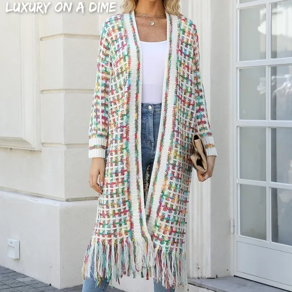 Retro Knit Fringe Hem Longline Duster Sweater Cardigan Minimalist Green White