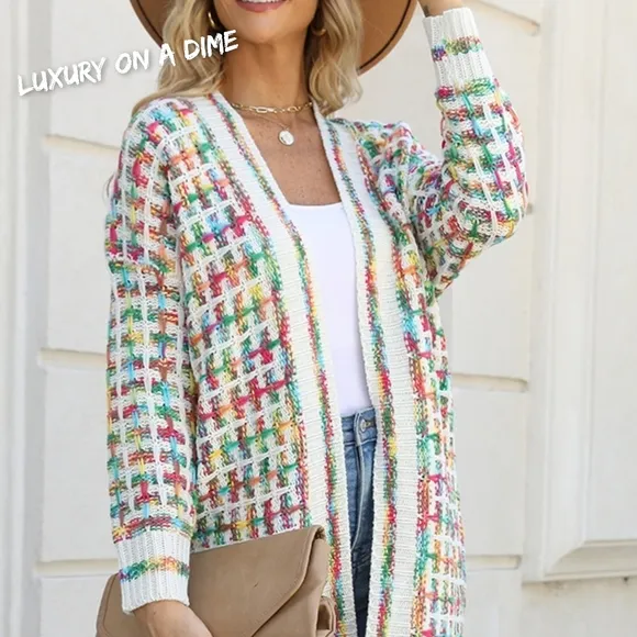 Retro Knit Fringe Hem Longline Duster Sweater Cardigan Minimalist Green White