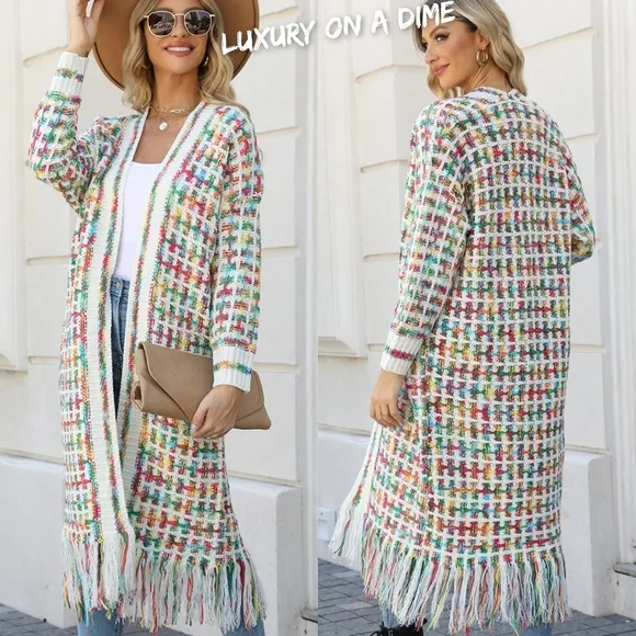 Retro Knit Fringe Hem Longline Duster Sweater Cardigan Minimalist Green White