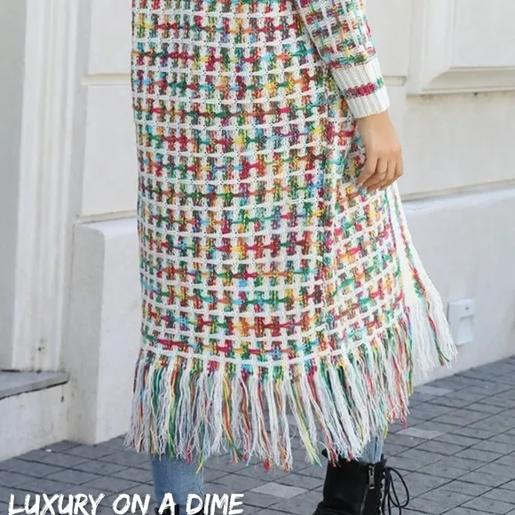Retro Knit Fringe Hem Longline Duster Sweater Cardigan Minimalist Green White