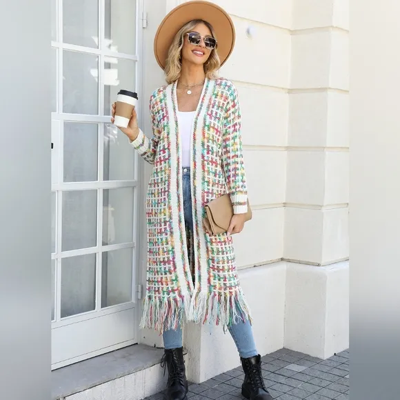 Retro Knit Fringe Hem Longline Duster Sweater Cardigan Minimalist Green White