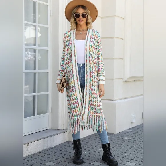 Retro Knit Fringe Hem Longline Duster Sweater Cardigan Minimalist Green White