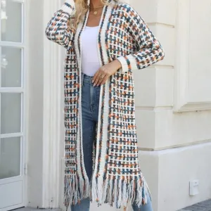 Retro Knit Fringe Hem Longline Duster Sweater Cardigan Minimalist Orange Teal