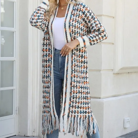 Retro Knit Fringe Hem Longline Duster Sweater Cardigan Minimalist Orange Teal
