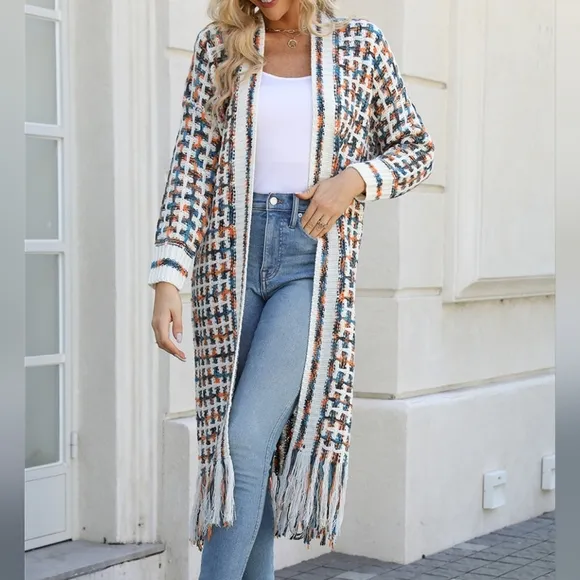 Retro Knit Fringe Hem Longline Duster Sweater Cardigan Minimalist Orange Teal