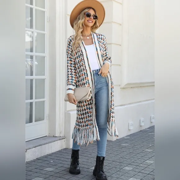 Retro Knit Fringe Hem Longline Duster Sweater Cardigan Minimalist Orange Teal