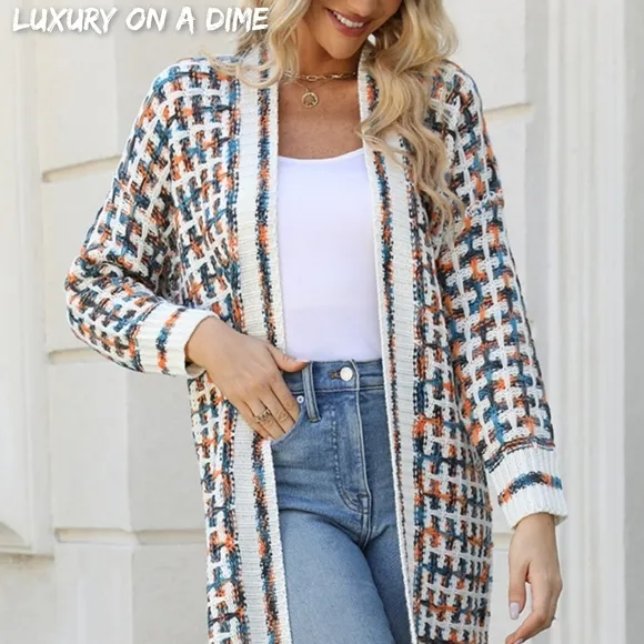 Retro Knit Fringe Hem Longline Duster Sweater Cardigan Minimalist Orange Teal