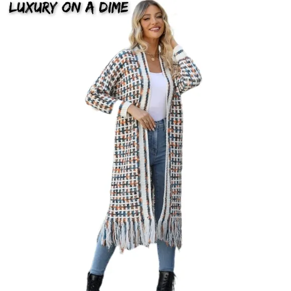 Retro Knit Fringe Hem Longline Duster Sweater Cardigan Minimalist Orange Teal