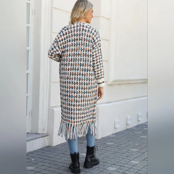 Retro Knit Fringe Hem Longline Duster Sweater Cardigan Minimalist Orange Teal
