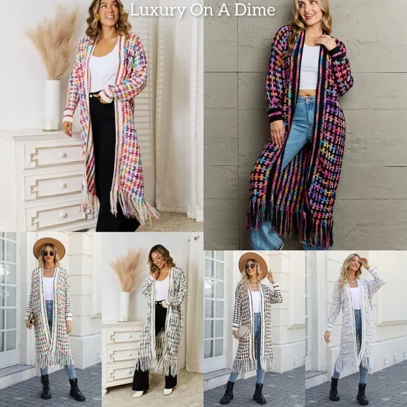 Retro Knit Fringe Hem Longline Duster Sweater Cardigan Minimalist Orange Teal