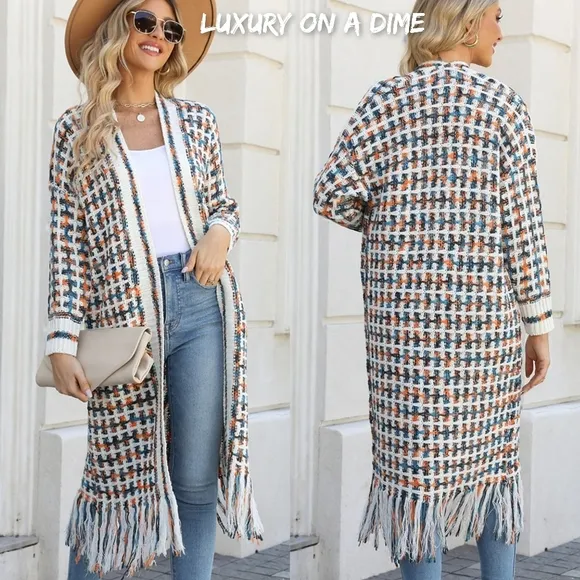 Retro Knit Fringe Hem Longline Duster Sweater Cardigan Minimalist Orange Teal