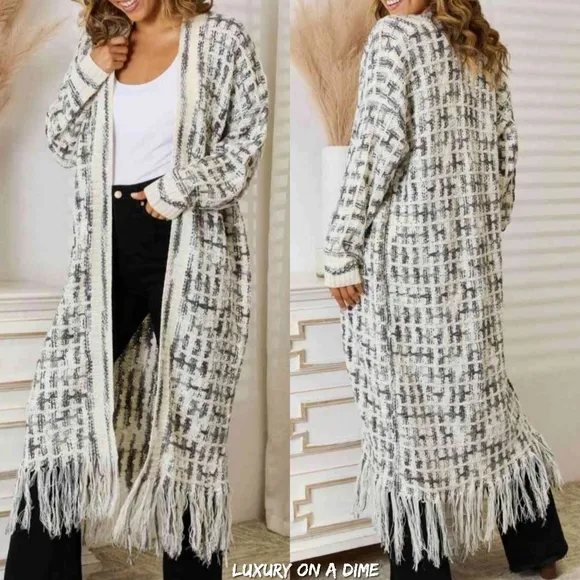 Retro Knit Fringe Hem Longline Duster Sweater Cardigan Minimalist White Black
