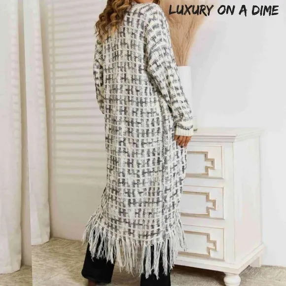Retro Knit Fringe Hem Longline Duster Sweater Cardigan Minimalist White Black
