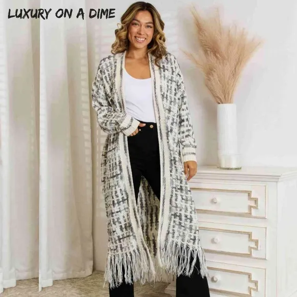 Retro Knit Fringe Hem Longline Duster Sweater Cardigan Minimalist White Black