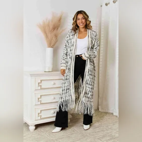 Retro Knit Fringe Hem Longline Duster Sweater Cardigan Minimalist White Black