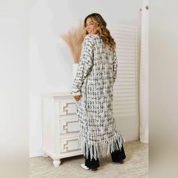 Retro Knit Fringe Hem Longline Duster Sweater Cardigan Minimalist White Black