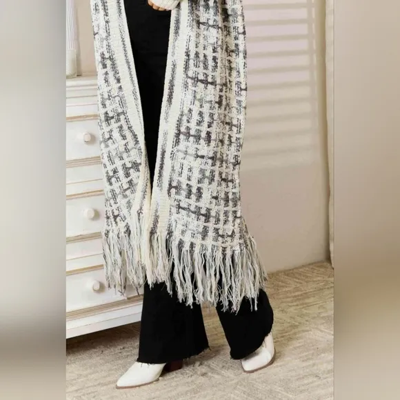 Retro Knit Fringe Hem Longline Duster Sweater Cardigan Minimalist White Black