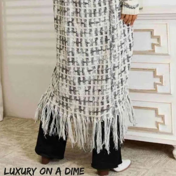 Retro Knit Fringe Hem Longline Duster Sweater Cardigan Minimalist White Black