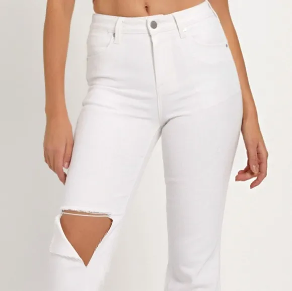 RISEN Torn High-Rise Waist Slim Fit Jeans Distressed Cut-Off Cropped Denim Pants