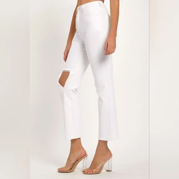 RISEN Torn High-Rise Waist Slim Fit Jeans Distressed Cut-Off Cropped Denim Pants