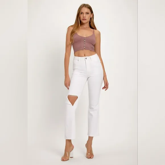 RISEN Torn High-Rise Waist Slim Fit Jeans Distressed Cut-Off Cropped Denim Pants