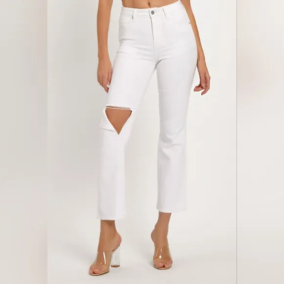 RISEN Torn High-Rise Waist Slim Fit Jeans Distressed Cut-Off Cropped Denim Pants
