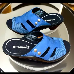 Romika Mokassetta Blue Leather Studs Velcro Strap  Heel Slide On Mules Sandles