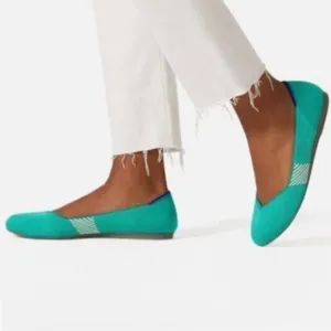 Rothy's Calypso Aqua Blue Round Toe Ballet Flats Green Teal Light Stripe Shoes