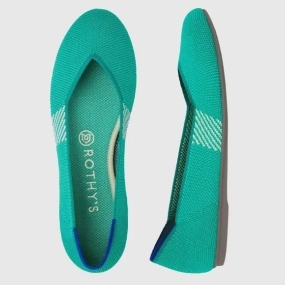 Rothy's Calypso Aqua Blue Round Toe Ballet Flats Green Teal Light Stripe Shoes