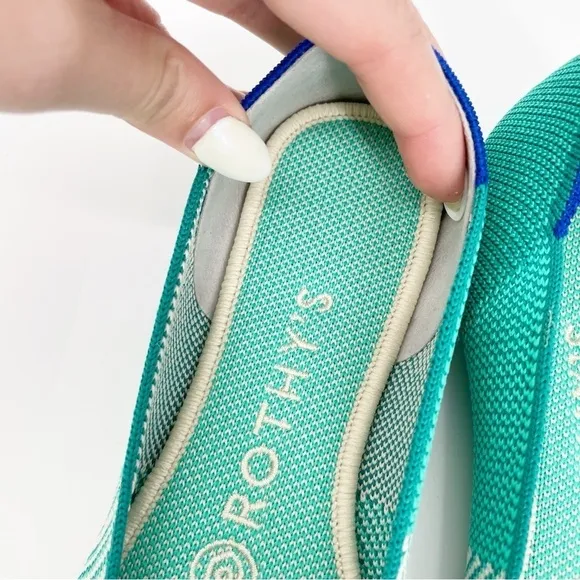 Rothy's Calypso Aqua Blue Round Toe Ballet Flats Green Teal Light Stripe Shoes