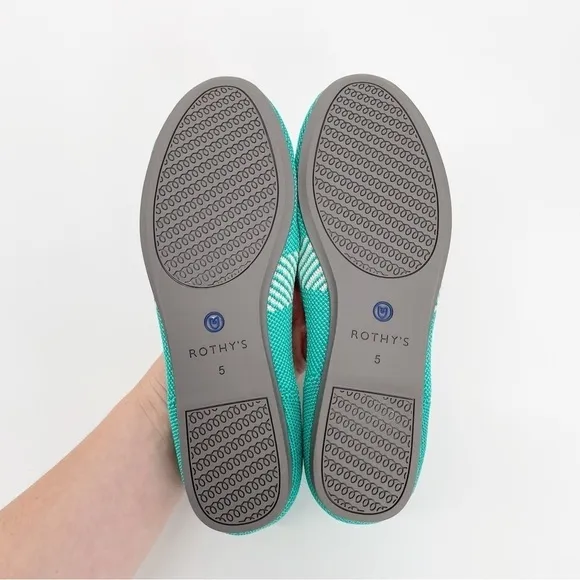 Rothy's Calypso Aqua Blue Round Toe Ballet Flats Green Teal Light Stripe Shoes