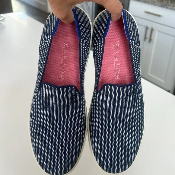 Rothy's Navy Striped Slip-on Sneakers Riviera Pinstripe size 9