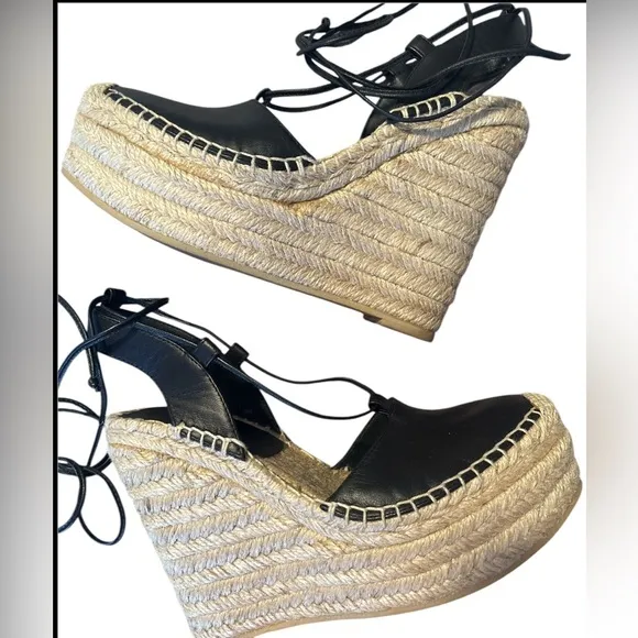 Saint Laurent Black Leather Wedge Espadrilles 36
