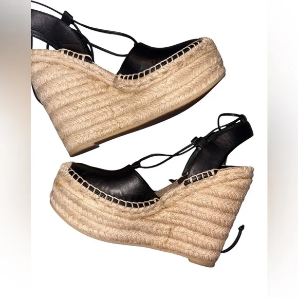 Saint Laurent Black Leather Wedge Espadrilles 36