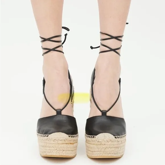 Saint Laurent Black Leather Wedge Espadrilles 36