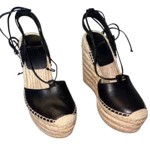 Saint Laurent Black Leather Wedge Espadrilles 36