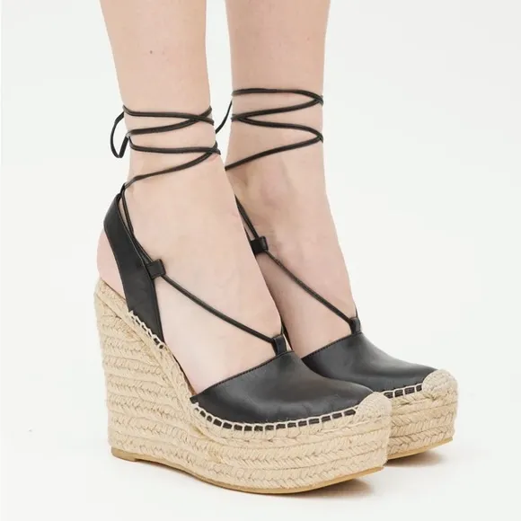 Saint Laurent Black Leather Wedge Espadrilles 36