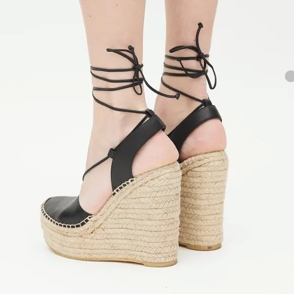 Saint Laurent Black Leather Wedge Espadrilles 36
