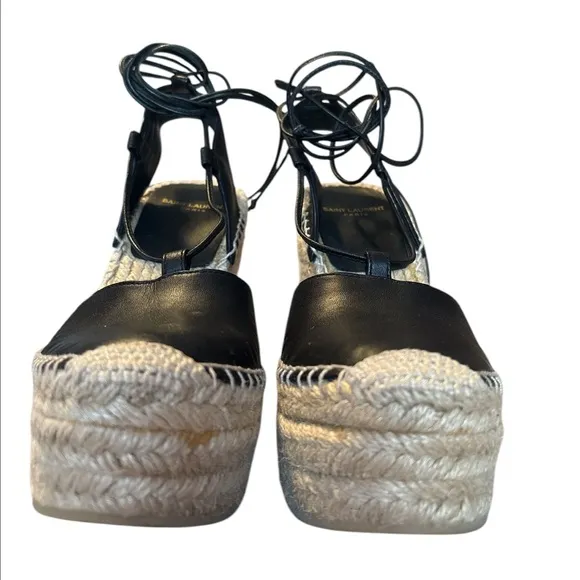 Saint Laurent Black Leather Wedge Espadrilles 36