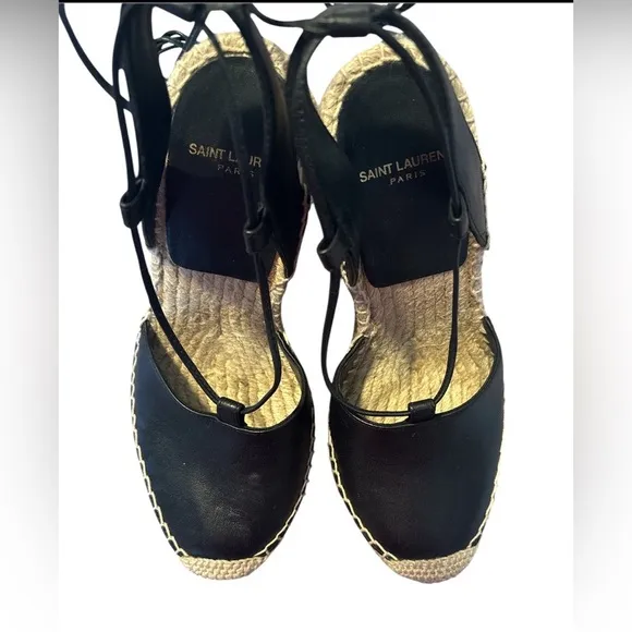 Saint Laurent Black Leather Wedge Espadrilles 36