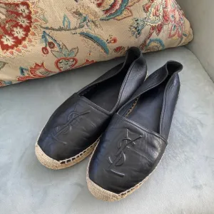 SAINT LAURENT black logo leather espadrilles
