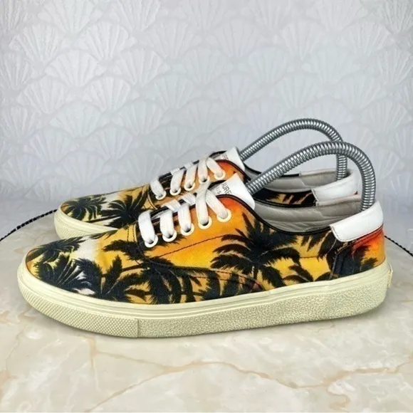 Saint Laurent Sneakers Paris YSL Womens Size 8.5 Orange Sunset Palm Canvas Shoes