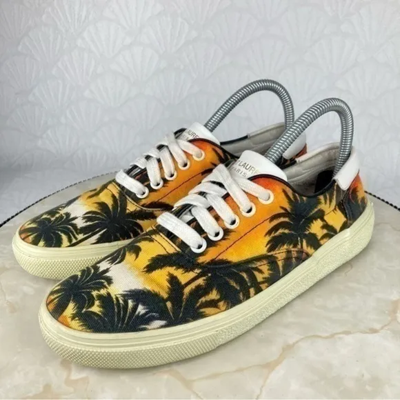 Saint Laurent Sneakers Paris YSL Womens Size 8.5 Orange Sunset Palm Canvas Shoes