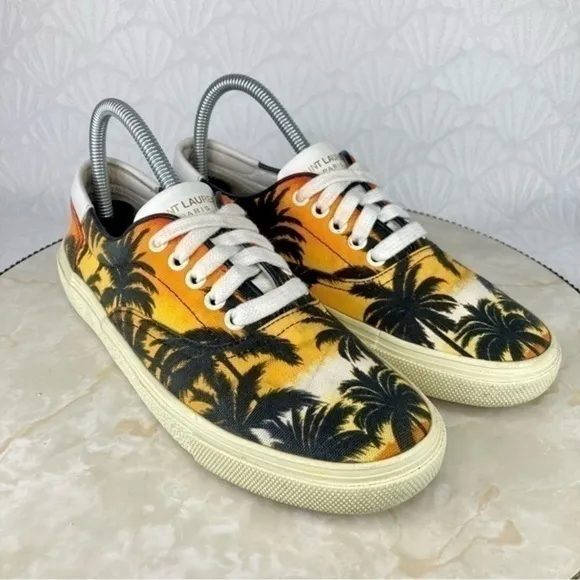 Saint Laurent Sneakers Paris YSL Womens Size 8.5 Orange Sunset Palm Canvas Shoes